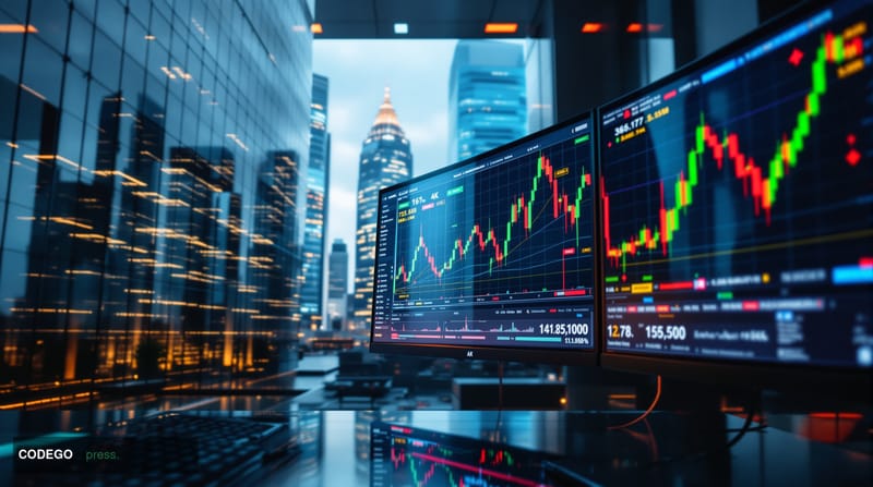 A cinematic editorial photograph capturing the collision of traditional finance and cryptocurrency trading through oil future
