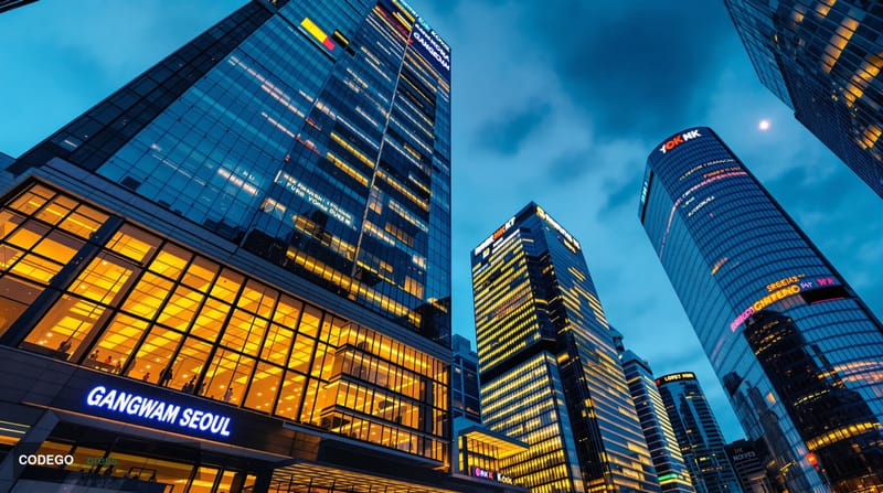A cinematic editorial photograph showcasing the bustling Gangnam district of Seoul, South Korea, with its iconic modern skysc