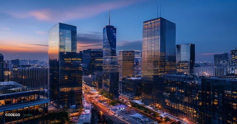 A photorealistic editorial photograph showcasing Seoul's financial district at golden hour, with the iconic Lotte World Tower