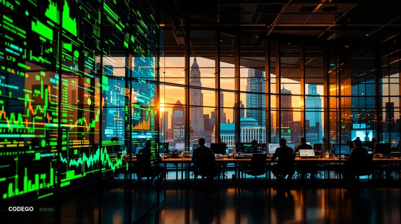 A cinematic editorial photograph showcasing the convergence of traditional finance and blockchain technology. The scene cente