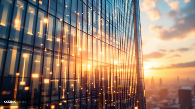 A cinematic editorial photograph of a modern glass-facade financial building at dawn, with warm golden sunlight illuminating 
