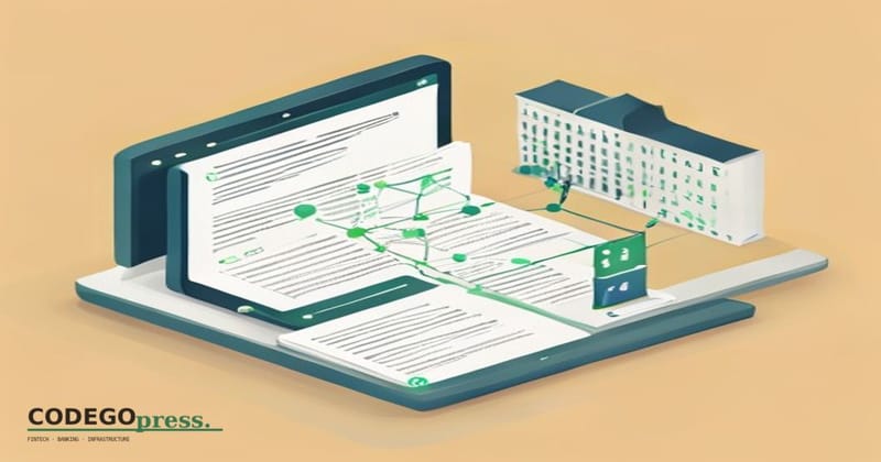 flat 3D isometric vector editorial illustration showing a banking regulatory document (FORMAL white pages with grid lines, no