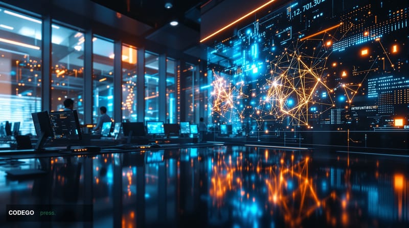 A dramatic cinematic photograph of a modern cryptocurrency trading floor or fintech office environment, shot with professiona