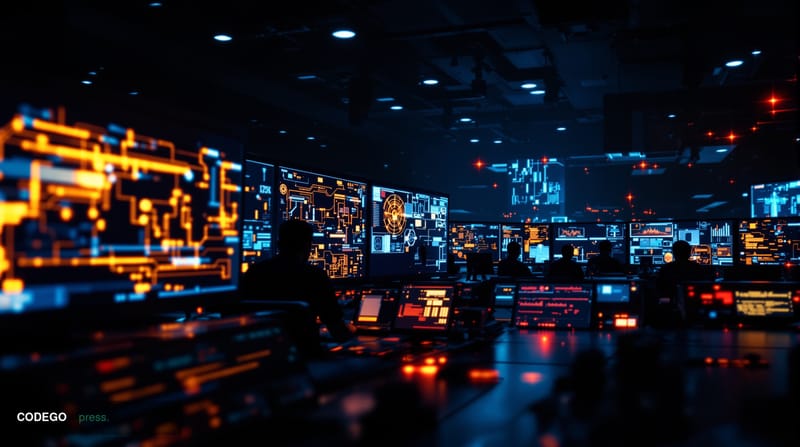 A cinematic editorial photograph showing a darkened trading floor or financial operations center with multiple monitors displ