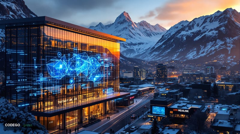 A cinematic editorial photograph showcasing the convergence of traditional Swiss banking and modern digital finance infrastru