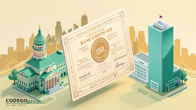 Large embossed bank charter certificate with gold seal in centre, Oregon State Capitol building with classical dome on the le