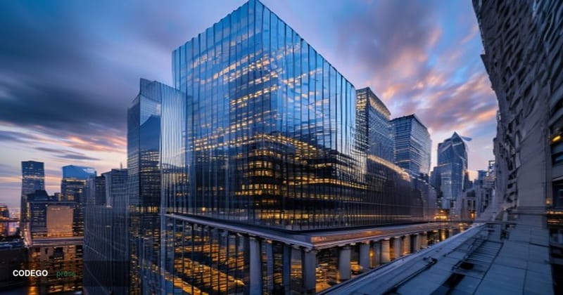A striking photorealistic editorial photograph of the Paxos corporate headquarters building in New York's Financial District,
