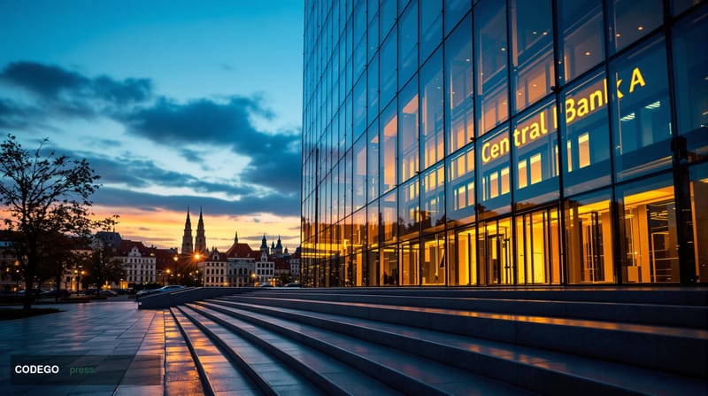 A cinematic editorial photograph showcasing the modern glass facade of Latvia's central bank building in Riga, with the disti