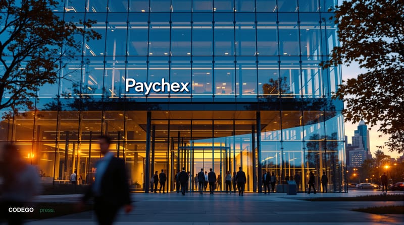 A cinematic editorial photograph of Paychex's corporate headquarters in Rochester, New York, featuring the distinctive modern