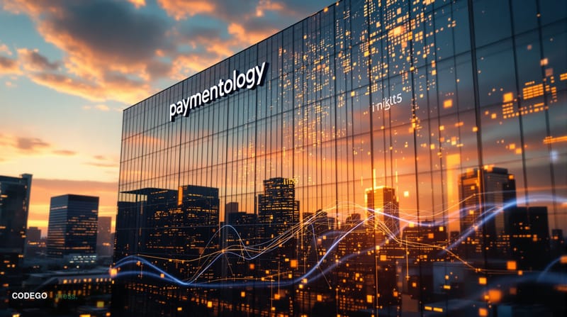 A striking editorial photograph of Paymentology's modern corporate headquarters or office building, captured during the golde