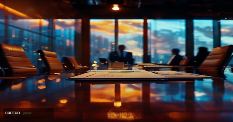 A sophisticated corporate boardroom scene photographed from a low angle looking up at a modern glass conference table, with w