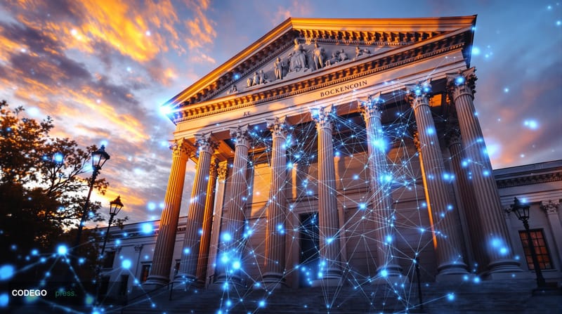 A cinematic editorial photograph showcasing the imposing neoclassical facade of the Office of the Comptroller of the Currency