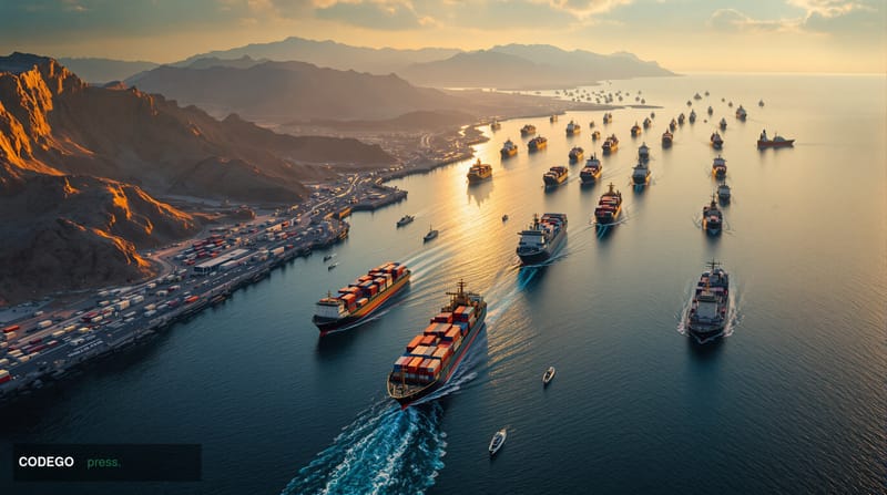 A dramatic photorealistic aerial view of the Strait of Hormuz at golden hour, showing massive container ships and oil tankers