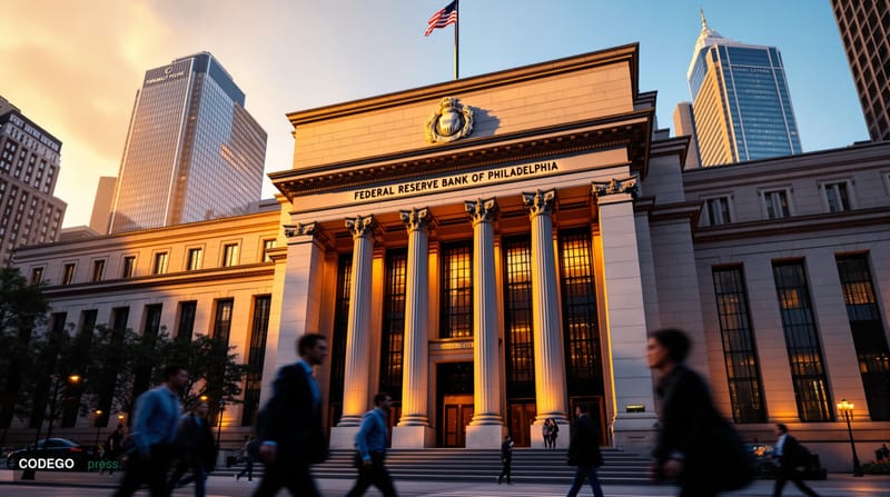A photorealistic editorial photograph of the imposing neoclassical facade of the Federal Reserve Bank of Philadelphia buildin