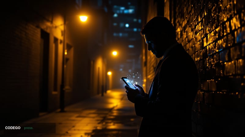 A dramatic photorealistic editorial photograph showing a shadowy urban alleyway at dusk with amber streetlights creating hars
