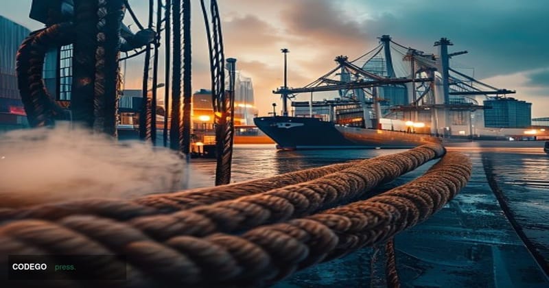 A cinematic editorial photograph showcasing the intersection of traditional maritime infrastructure and modern financial tech