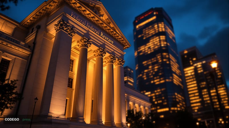 A cinematic editorial photograph capturing the intersection of geopolitical tensions and monetary policy. The foreground show