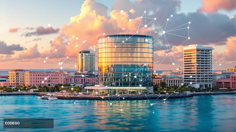 A stunning aerial view of Hamilton, Bermuda's financial district at golden hour, showcasing the distinctive pink limestone ar
