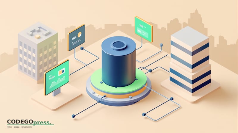 flat 3D isometric vector editorial illustration, banking-green primary (#1A6B43), cream background, gold and navy accents, so