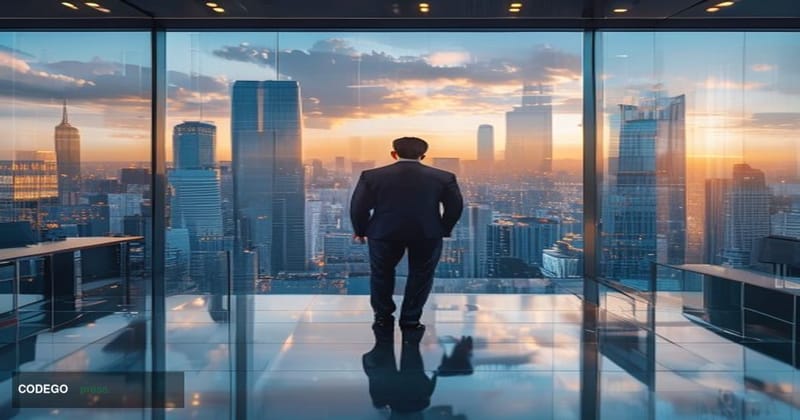 # Image Prompt:

A contemporary executive in professional business attire stands in a modern, minimalist corporate office ove