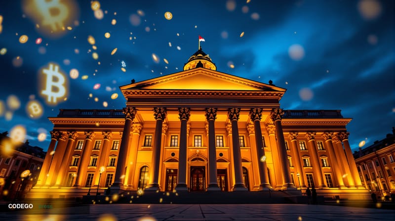 A dramatic editorial photograph of the Polish Parliament building (Sejm) in Warsaw at golden hour, shot from a low angle to e