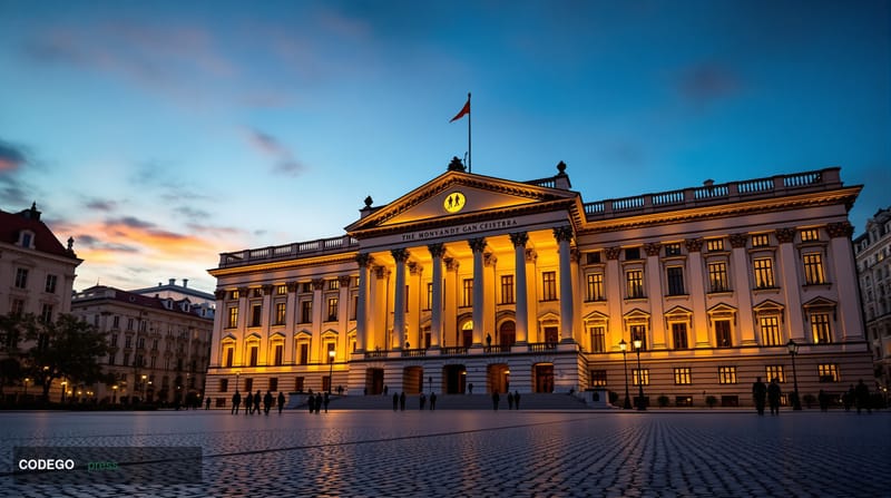 A dramatic editorial photograph of the Polish Parliament building (Sejm) in Warsaw at golden hour, shot from a low angle to e