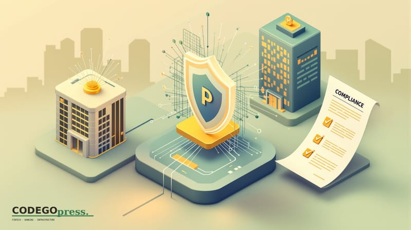 Flat 3D isometric vector editorial illustration in banking-green (#1A6B43) and cream with gold accents. Center: a digital wal