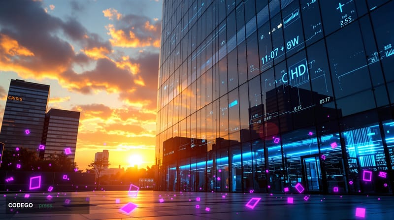 A cinematic editorial photograph showing a sleek modern glass office building representing Polymarket's headquarters during g