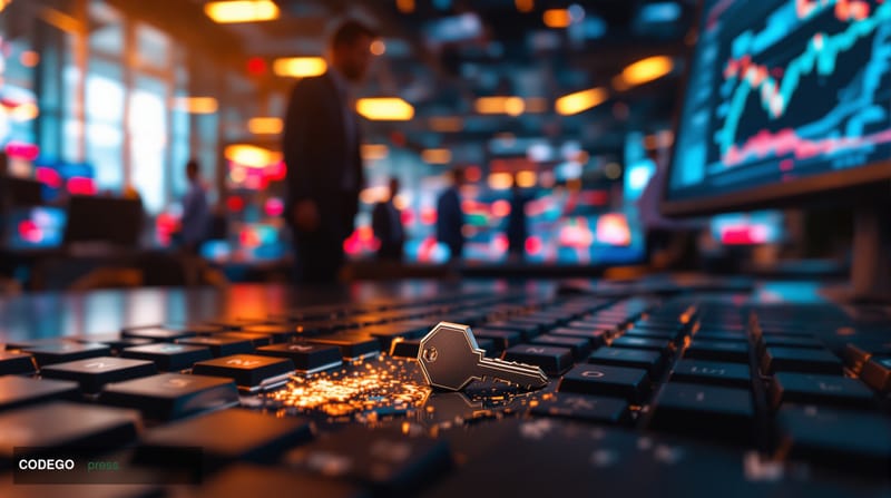 A dramatic photorealistic editorial photograph showing a modern cryptocurrency trading floor or fintech office environment in