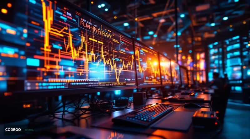 A cinematic editorial photograph of Polymarket's operational environment showing a high-tech trading floor or crypto platform
