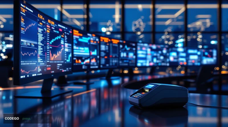 A dramatic photorealistic editorial photograph showing a sleek modern cryptocurrency trading office environment with multiple