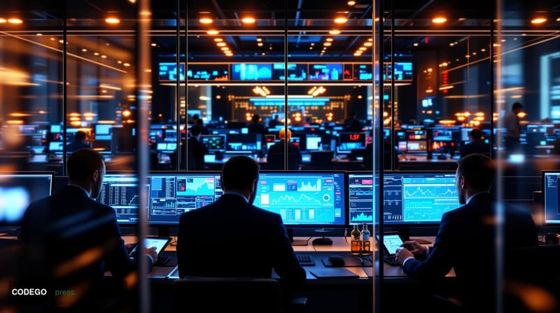 A dramatic photorealistic editorial photograph of a modern cryptocurrency trading floor or fintech office environment with mu