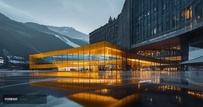 A cinematic editorial photograph capturing PostFinance's Swiss headquarters building in Bern with its distinctive yellow post