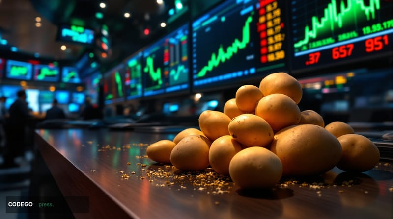 A dramatic editorial photograph of a modern agricultural commodity trading floor with multiple screens displaying potato futu
