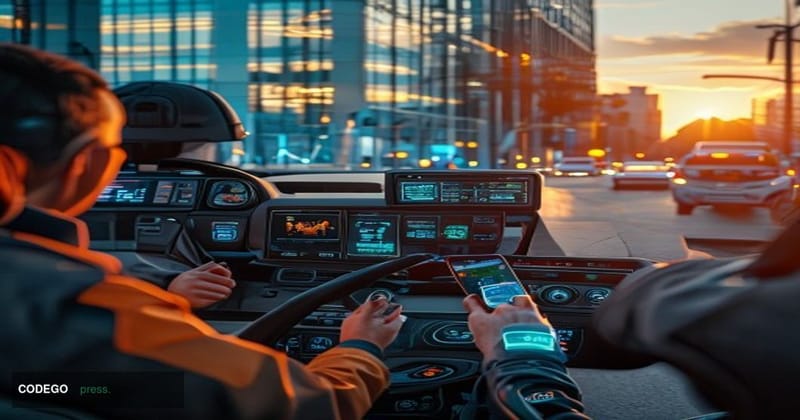 A cinematic editorial photograph showcasing the intersection of gig economy and insurance technology. The scene captures a bu