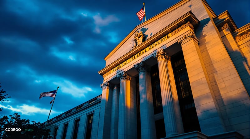 A dramatic wide-angle photograph of the imposing Federal Reserve Building (Marriner S. Eccles Federal Reserve Board Building)