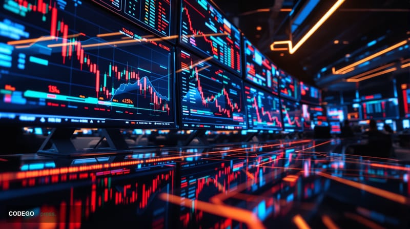A dramatic cinematic photograph showing a financial trading floor or modern prediction market interface with red declining ch