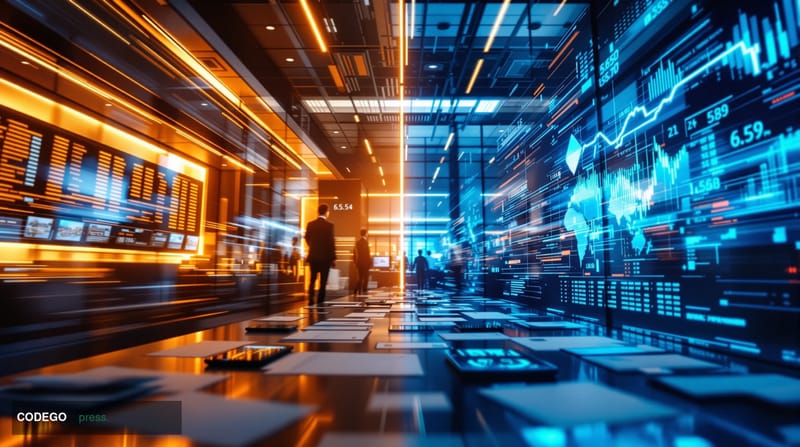 A cinematic editorial photograph capturing the tension between traditional financial trading floors and emerging prediction m