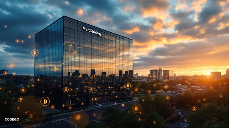 A photorealistic editorial photograph showing MicroStrategy's corporate headquarters in Tysons Corner, Virginia, captured dur