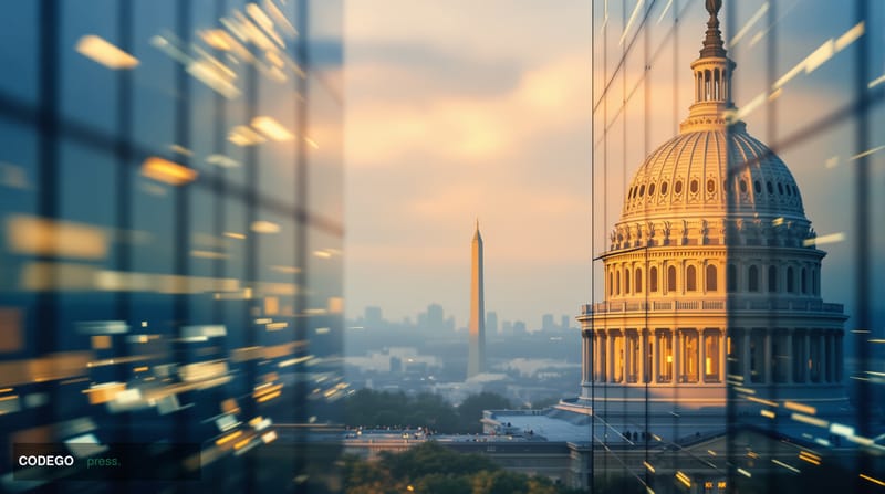 A cinematic editorial photograph showing the iconic dome of the US Capitol building in Washington DC on the left side of the 