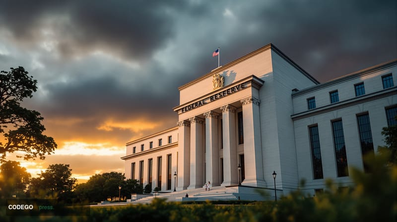 A photorealistic editorial photograph showing the imposing neoclassical facade of the Federal Reserve Building in Washington 