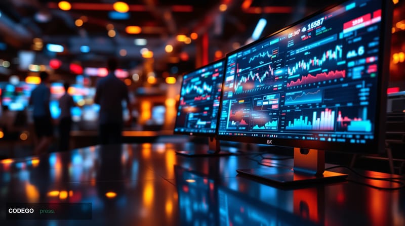 A sophisticated financial trading floor environment photographed in dramatic chiaroscuro lighting with warm amber highlights 