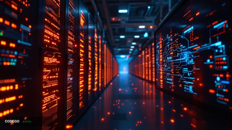 A photorealistic editorial photograph capturing the dark, ominous mood of blockchain infrastructure failure. The scene shows 