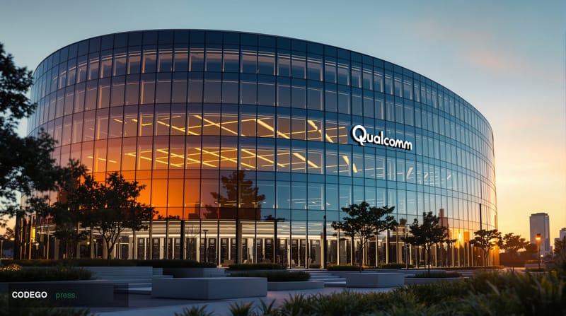 A dramatic photorealistic editorial photograph of <a href="https://www.qualcomm.com" target="_blank" rel="noopener">Qualcomm<