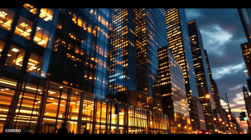 A striking editorial photograph of the New York Financial District skyline at golden hour, shot from street level looking up 