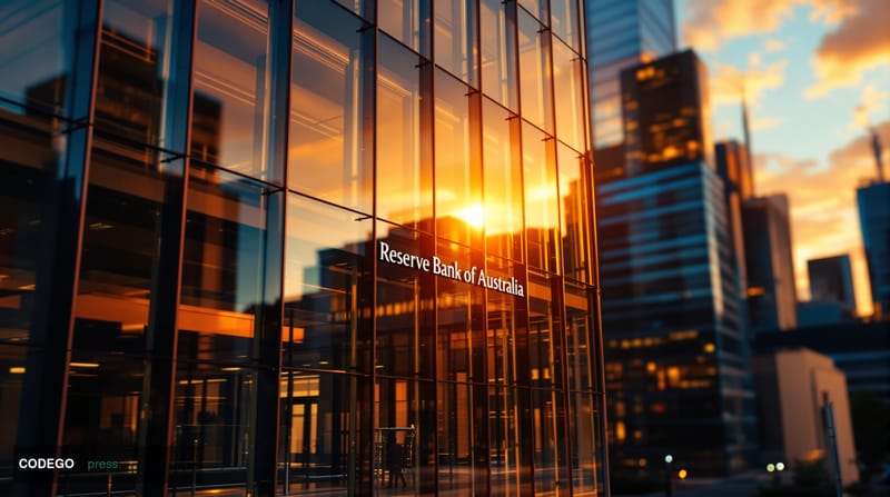 A photorealistic editorial photograph capturing the Reserve Bank of Australia's imposing headquarters building in Sydney, sho