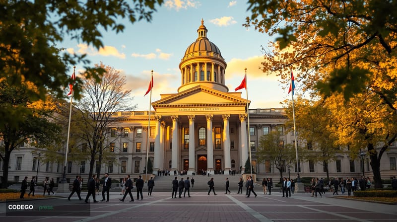 A cinematic editorial photograph capturing the prestigious Columbia University campus in New York City, specifically showing 