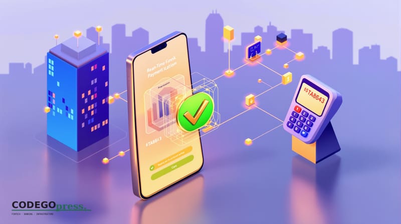 Flat 3D isometric vector editorial illustration showing a banking app interface on a smartphone screen displaying a real-time