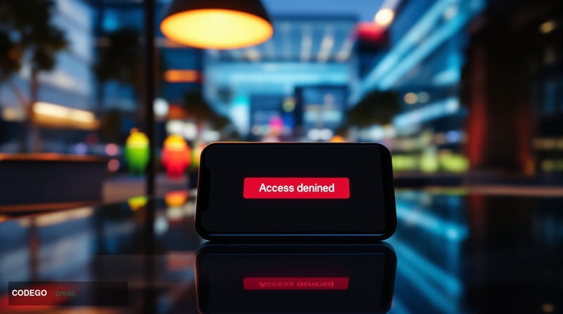 A cinematic editorial photograph showing a modern smartphone lying on a sleek glass desk with a red "Access Denied" or blocke