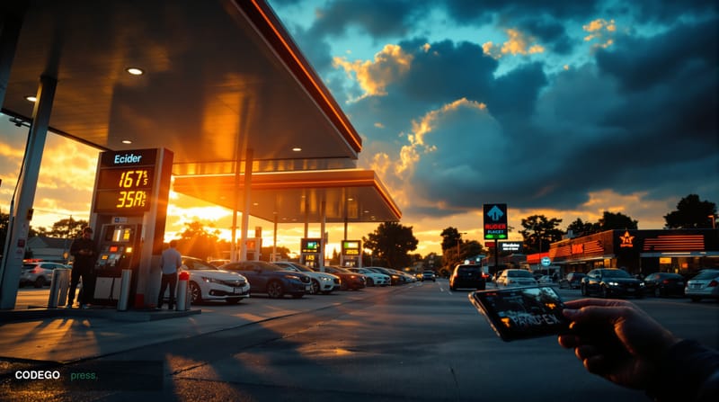 A cinematic editorial photograph capturing the economic anxiety gripping American consumers at a typical suburban gas station